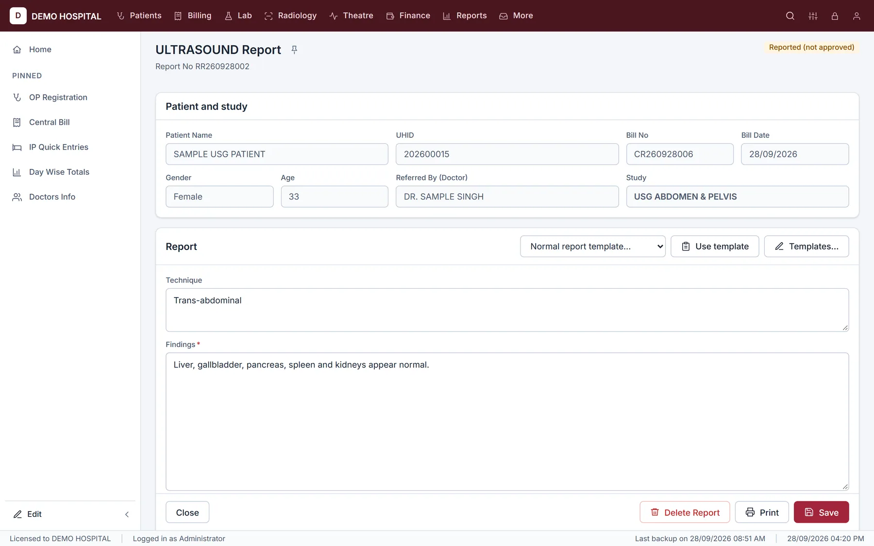 Ultrasound report editor with technique and findings