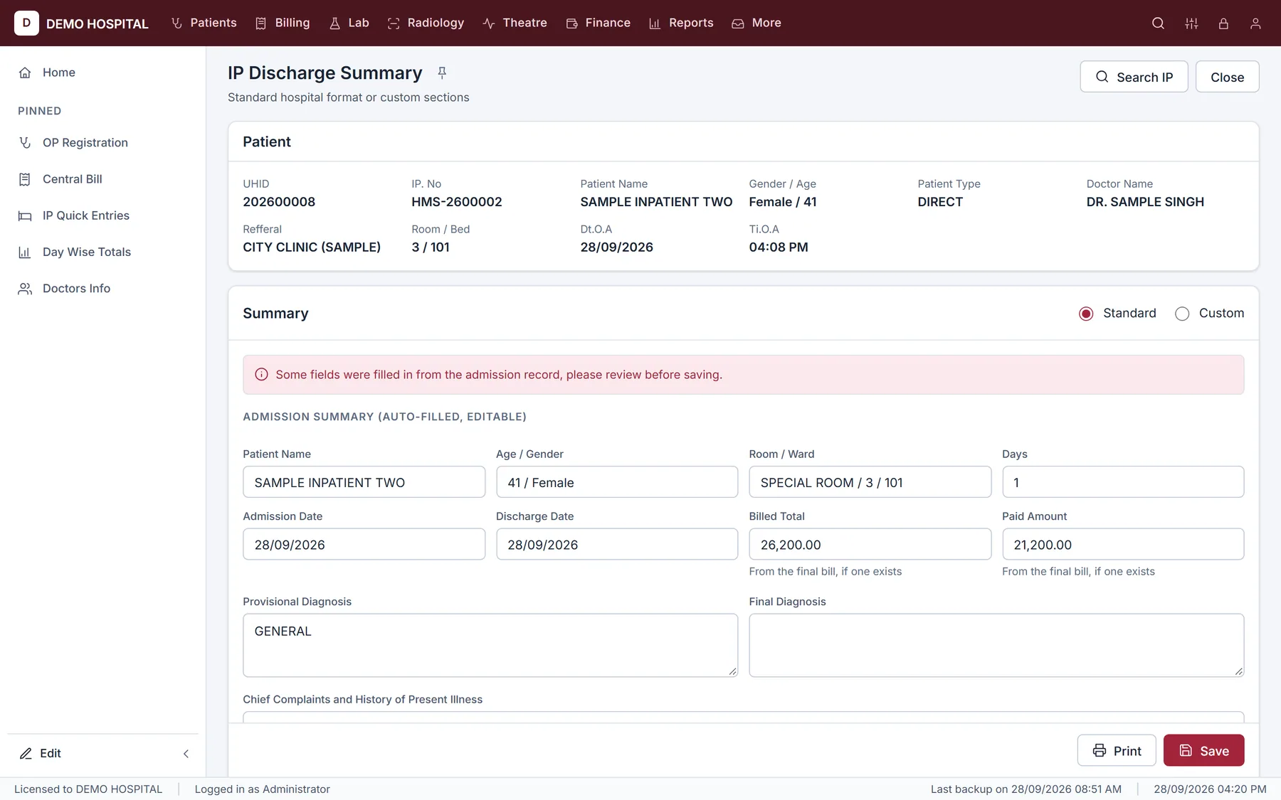 IP discharge summary auto-filled from the admission record