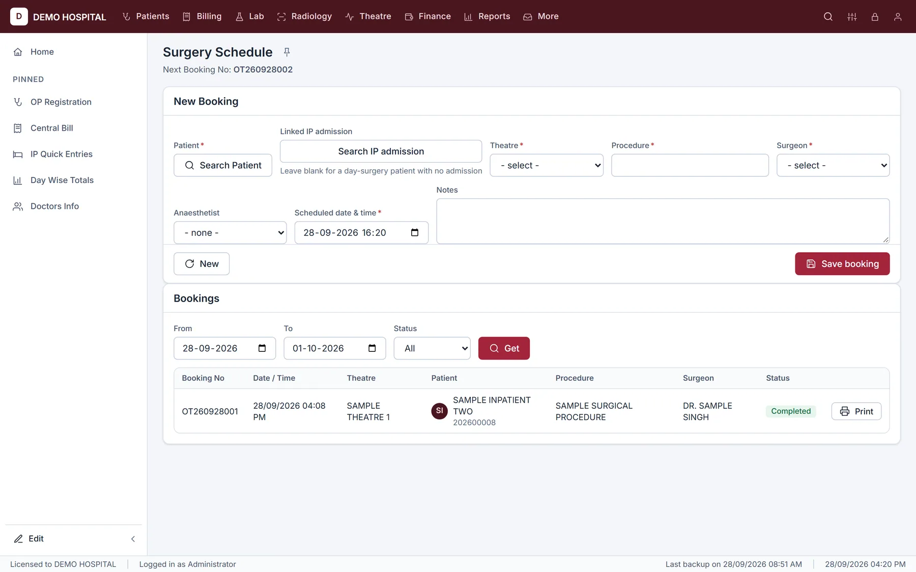 Surgery schedule with bookings and status