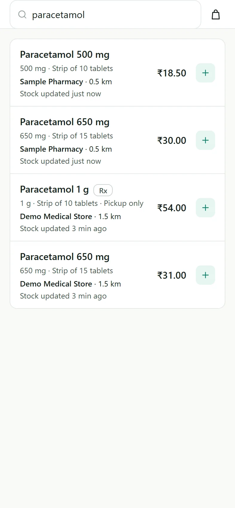 Search results with price, distance and stock freshness