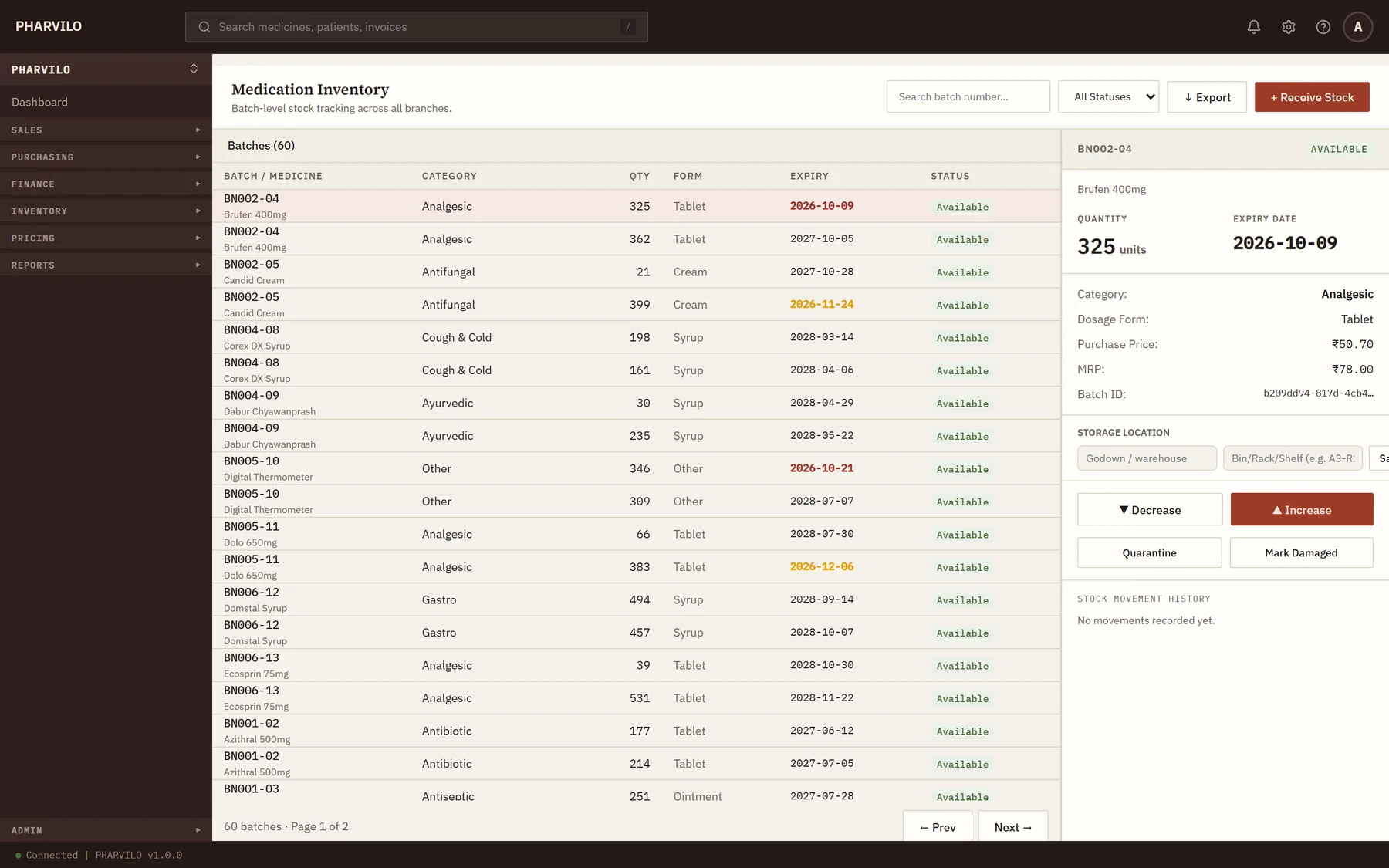PHARVILO batch-wise inventory