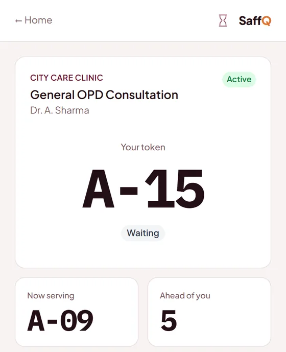 SaffQ tracker: token A-15, now serving A-09, five ahead